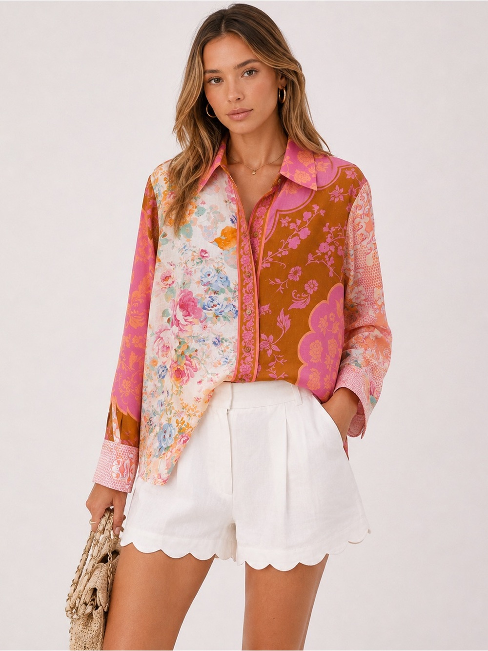 Rachel Zoe Pink & Brown Floral Patchwork Button-Down Shirt